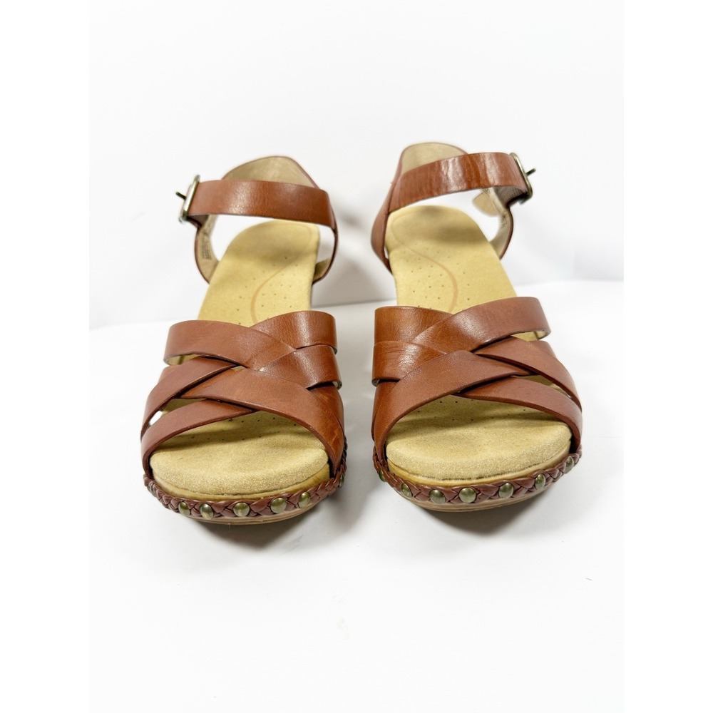Dansko Strappy Leather Sandals Wood Wedge Heel Ankle Buckle Brown Comfort 37/7 - Picture 3 of 16